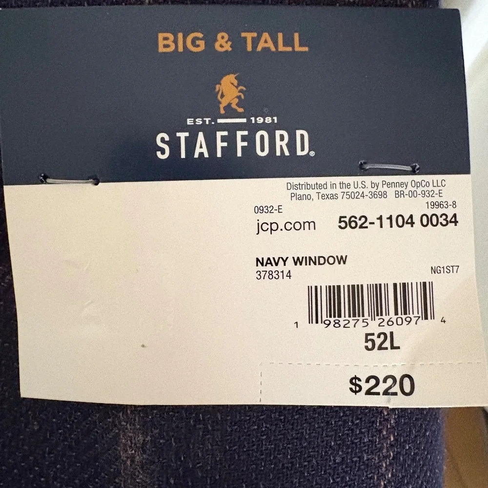 Stafford Big & Tall Navy Windowpane Wool Cotton Blazer Sport Coat‎ 52L New